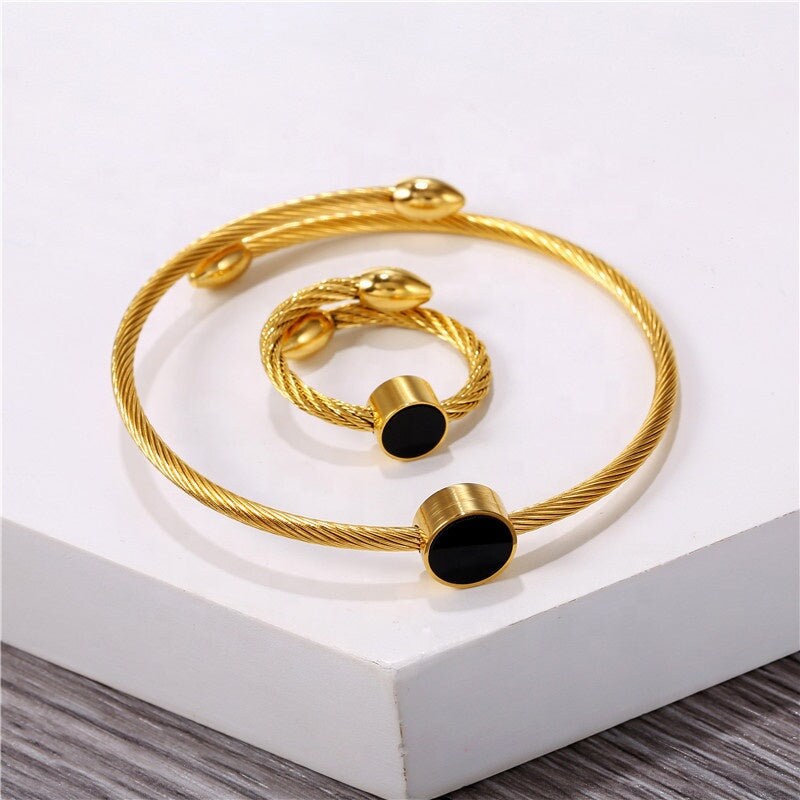 Zircon Stone Resizable Cuff Bracelet Knuckle Ring Set Round Zirconia Stone Finger Ring Bangle Set Gold Plated Opening Adjustable Titanium