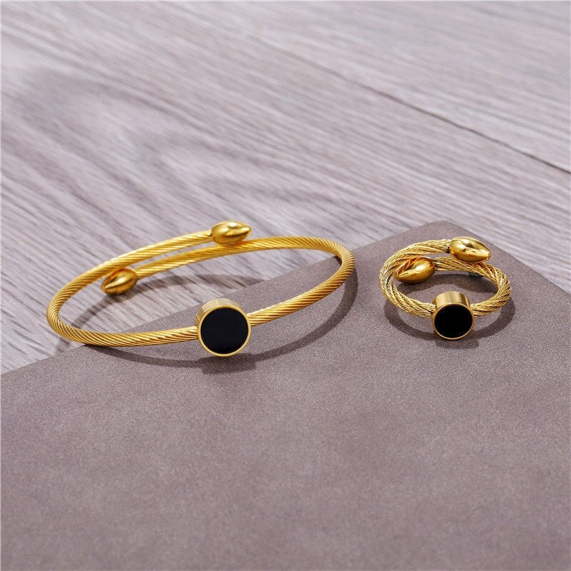 Zircon Stone Resizable Cuff Bracelet Knuckle Ring Set Round Zirconia Stone Finger Ring Bangle Set Gold Plated Opening Adjustable Titanium