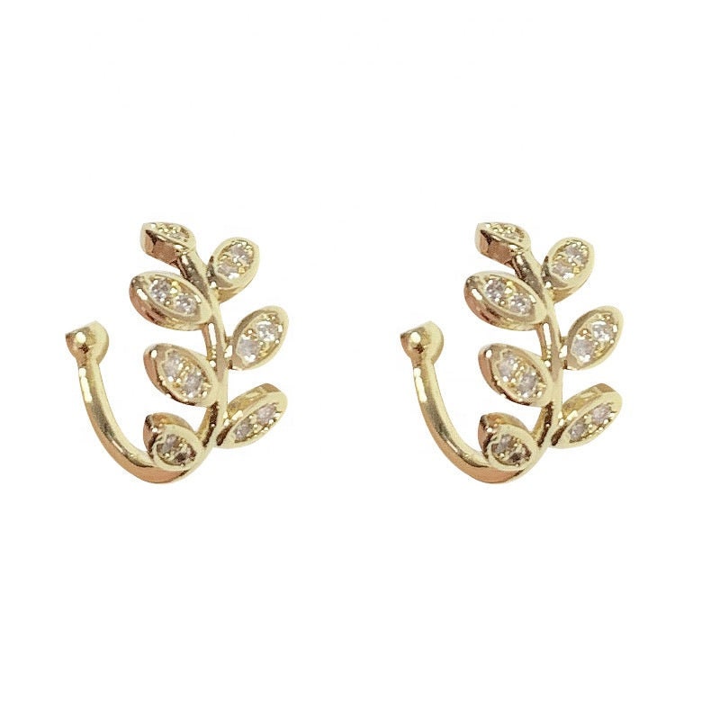 Adjustable Leaves Ear Clip Female Exquisite Zircon Rhinestone Leaf Ear Bone Clips Earrings Resizable Zircon Paved Leaves Ear Clip For Women