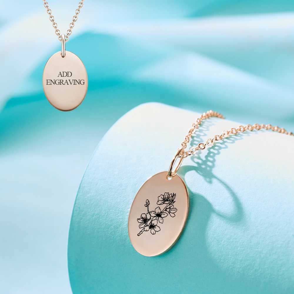 Personalized Engraved Name Birth Flower Round Link Chain Necklace Cherry Blossom March  Birth Flower Necklace Dainty Birth Floral Disc