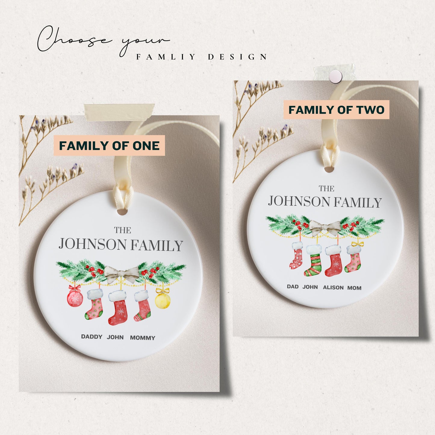 Family of Christmas Ornament, Personalized Name Ornament, Baby First Christmas, Tree Stocking Custom Ornament With Names, Ceramic Keepsake