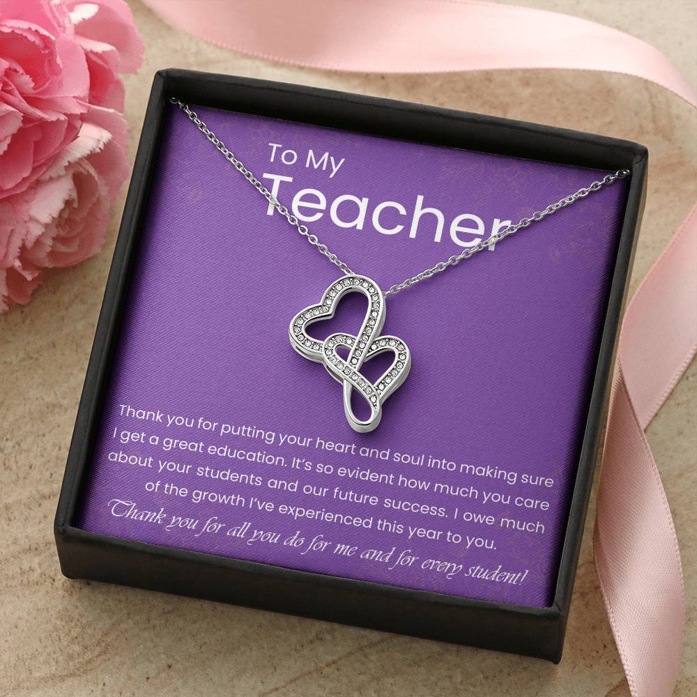 Personalized Gift Teacher Necklace  for Her Valentines Birthday Gift Silver Jewelry Double Hearts Necklace for Women with Message  Card