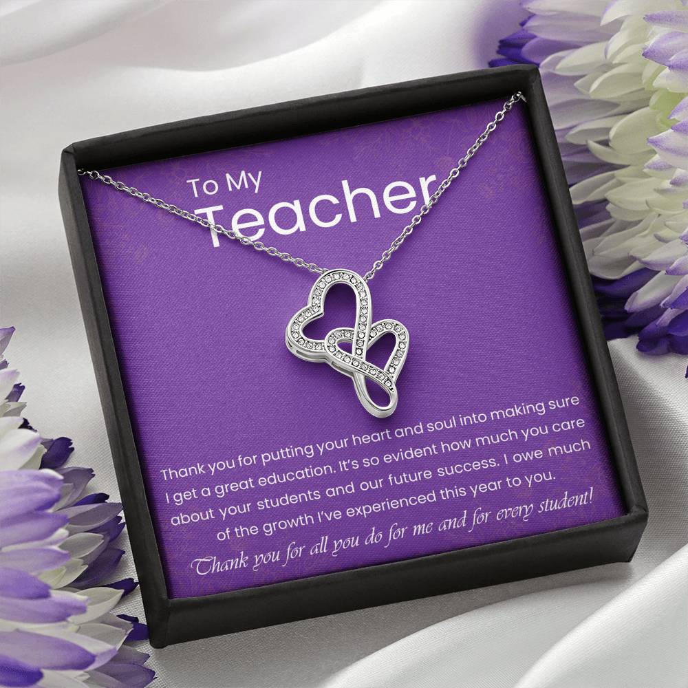 Personalized Gift Teacher Necklace  for Her Valentines Birthday Gift Silver Jewelry Double Hearts Necklace for Women with Message  Card