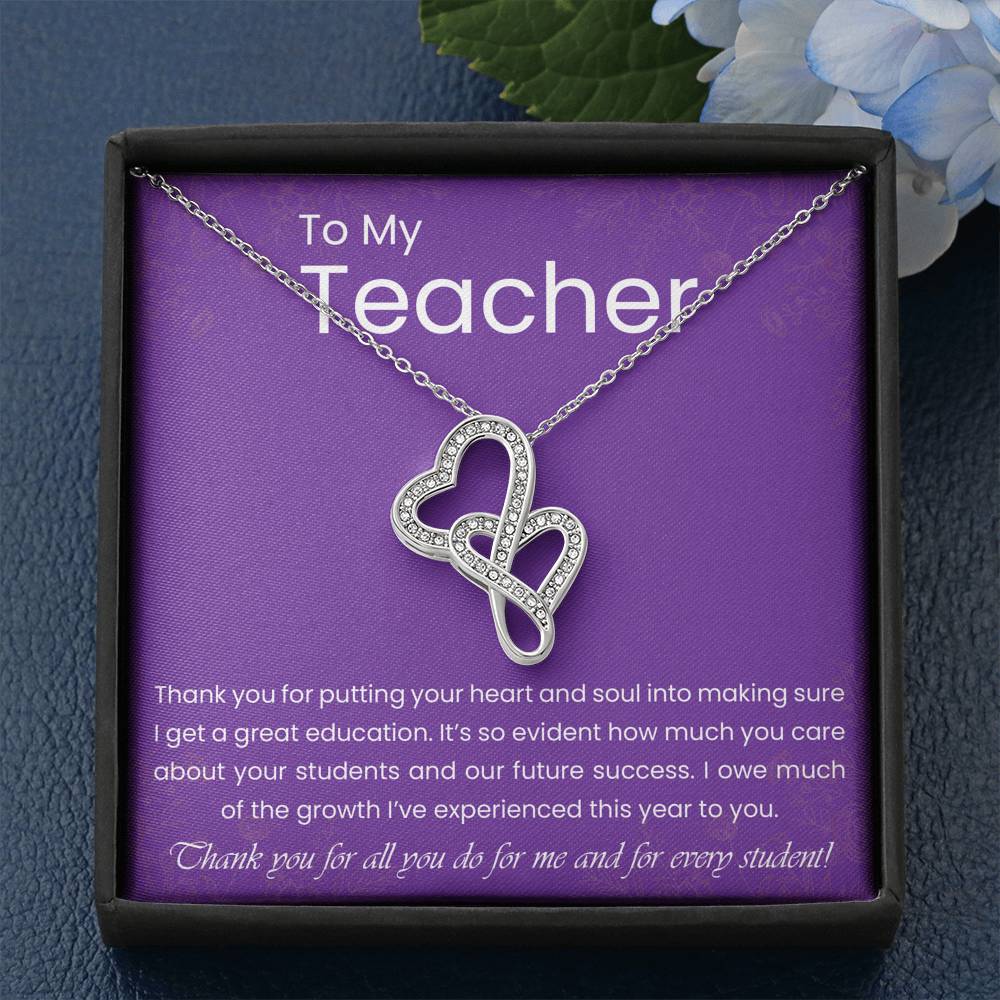 Personalized Gift Teacher Necklace  for Her Valentines Birthday Gift Silver Jewelry Double Hearts Necklace for Women with Message  Card
