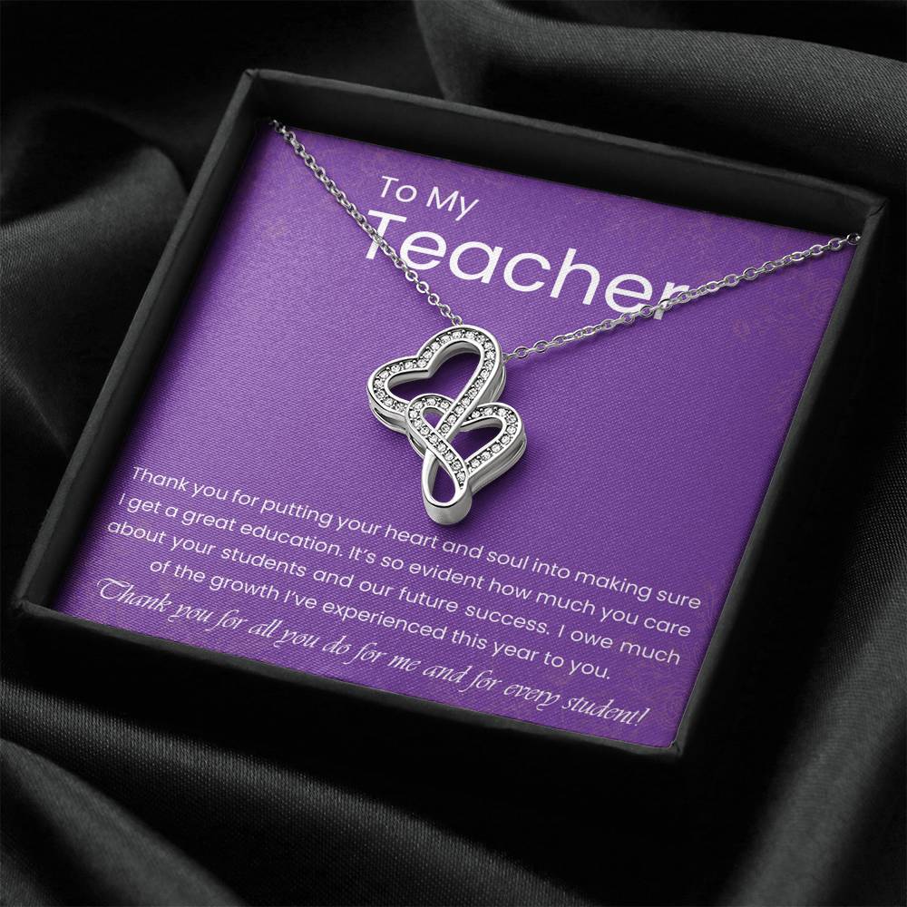 Personalized Gift Teacher Necklace  for Her Valentines Birthday Gift Silver Jewelry Double Hearts Necklace for Women with Message  Card