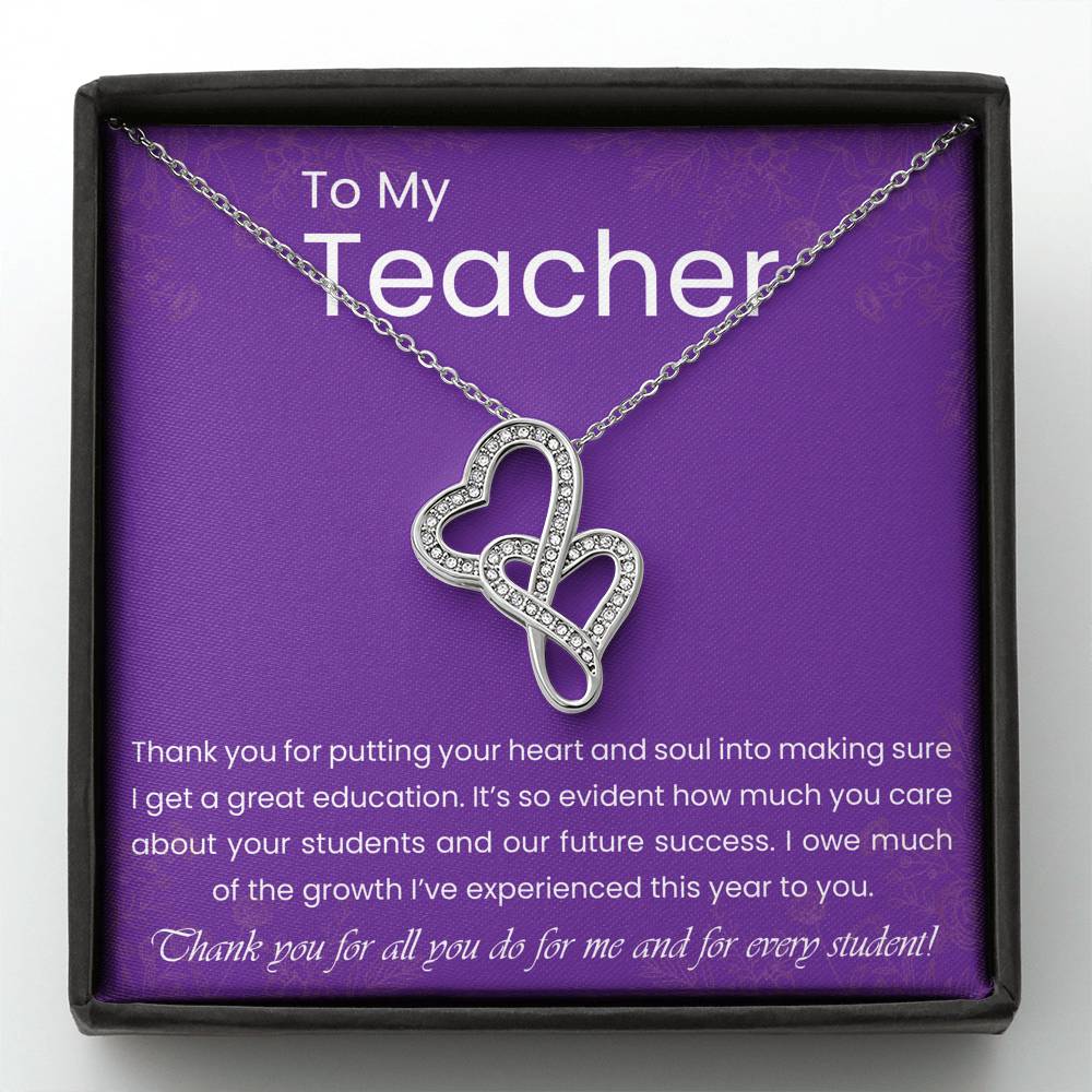 Personalized Gift Teacher Necklace  for Her Valentines Birthday Gift Silver Jewelry Double Hearts Necklace for Women with Message  Card
