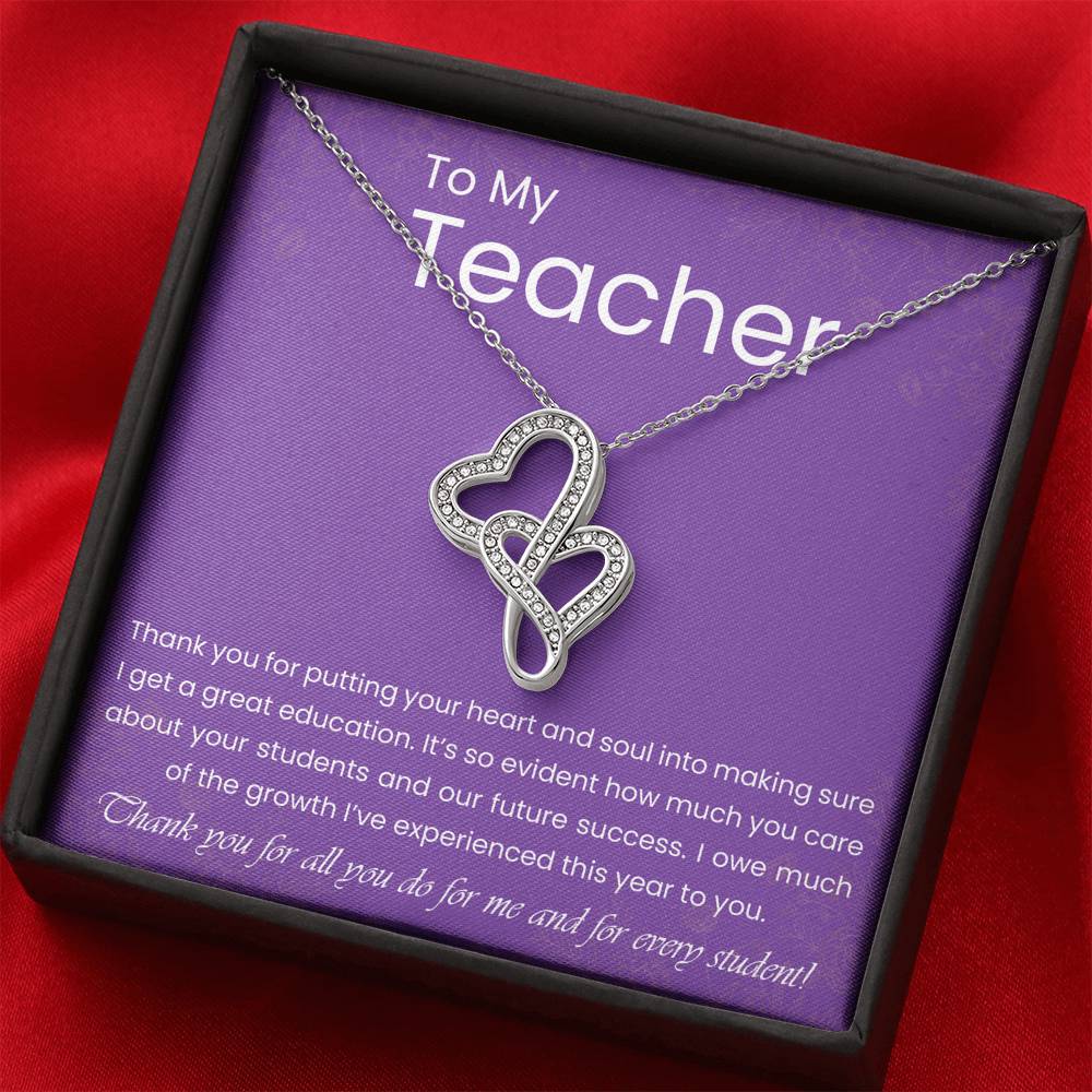 Personalized Gift Teacher Necklace  for Her Valentines Birthday Gift Silver Jewelry Double Hearts Necklace for Women with Message  Card