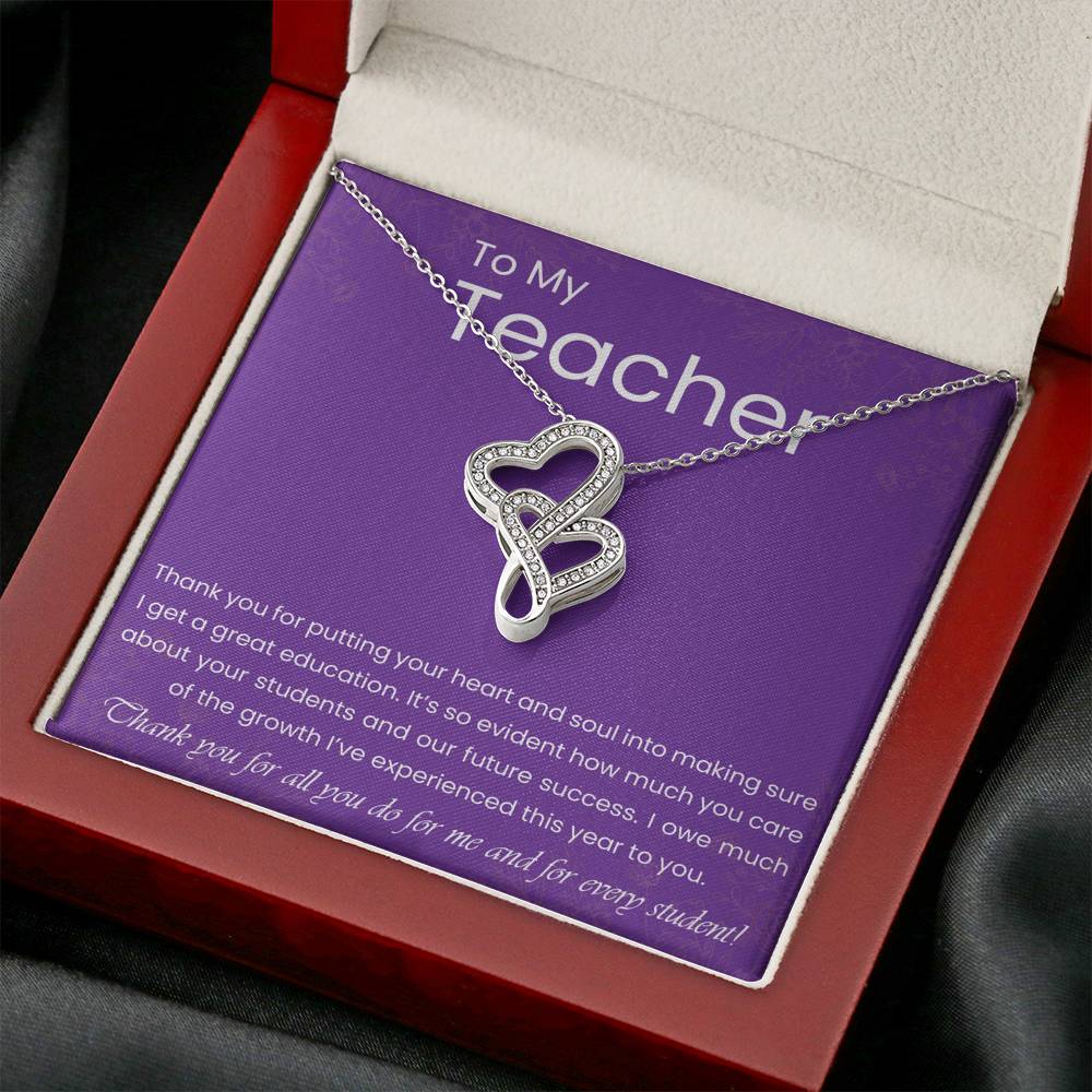 Personalized Gift Teacher Necklace  for Her Valentines Birthday Gift Silver Jewelry Double Hearts Necklace for Women with Message  Card