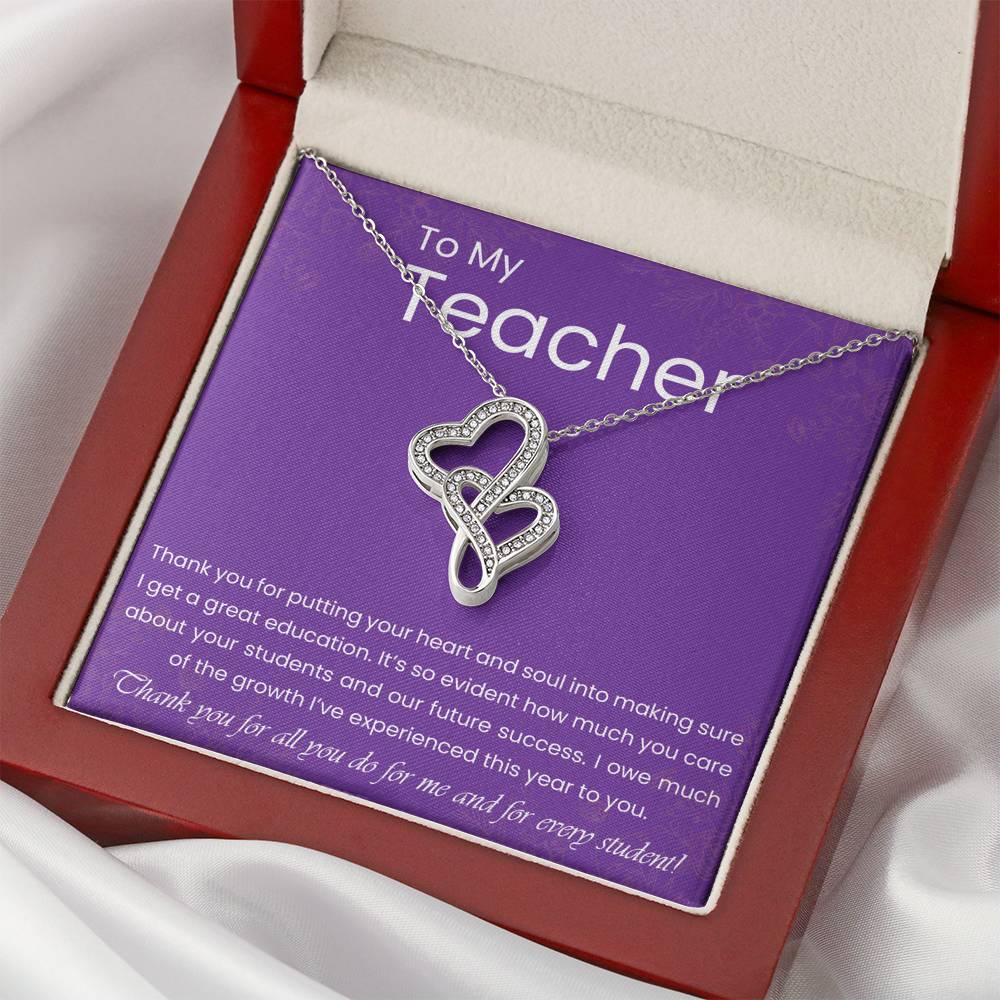 Personalized Gift Teacher Necklace  for Her Valentines Birthday Gift Silver Jewelry Double Hearts Necklace for Women with Message  Card