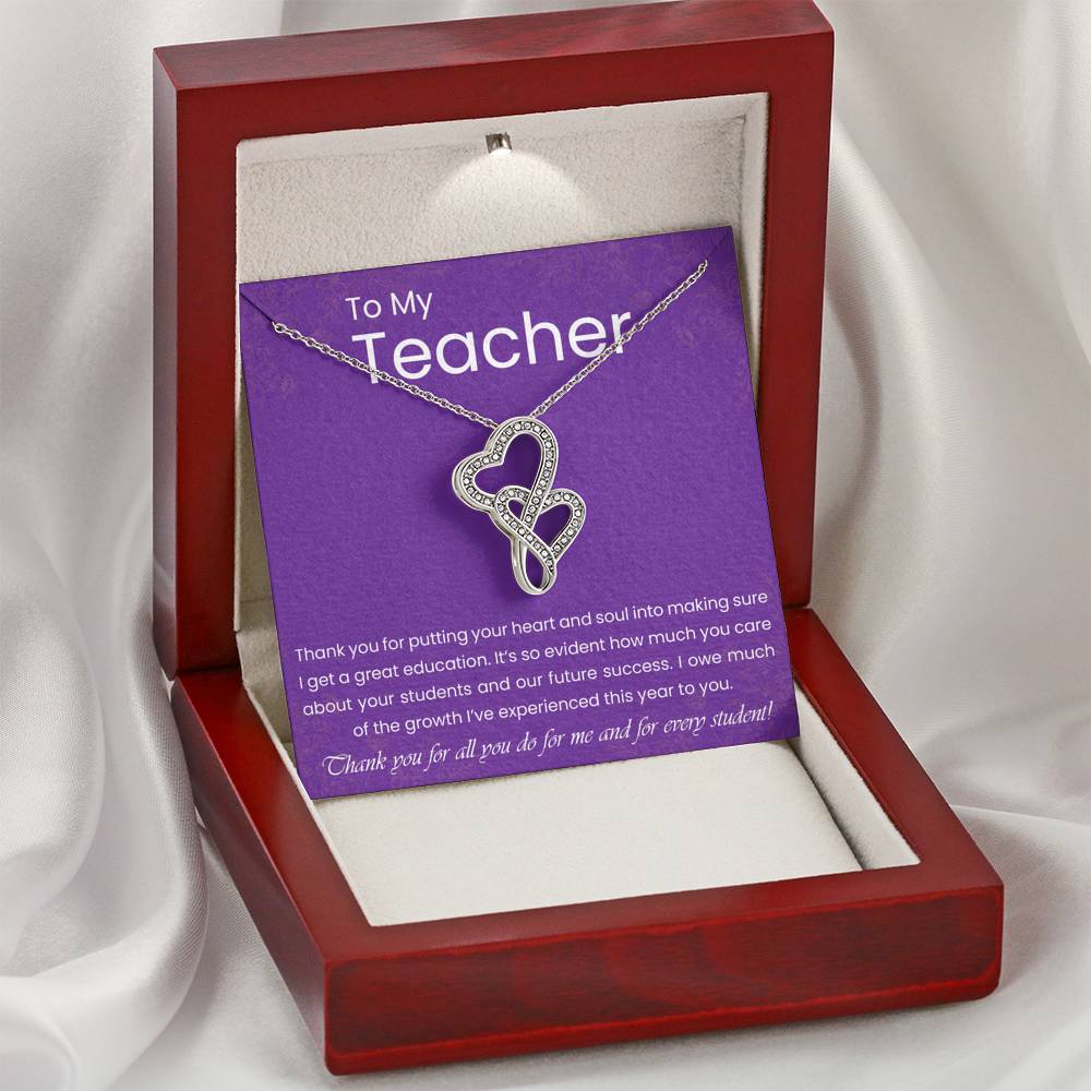 Personalized Gift Teacher Necklace  for Her Valentines Birthday Gift Silver Jewelry Double Hearts Necklace for Women with Message  Card