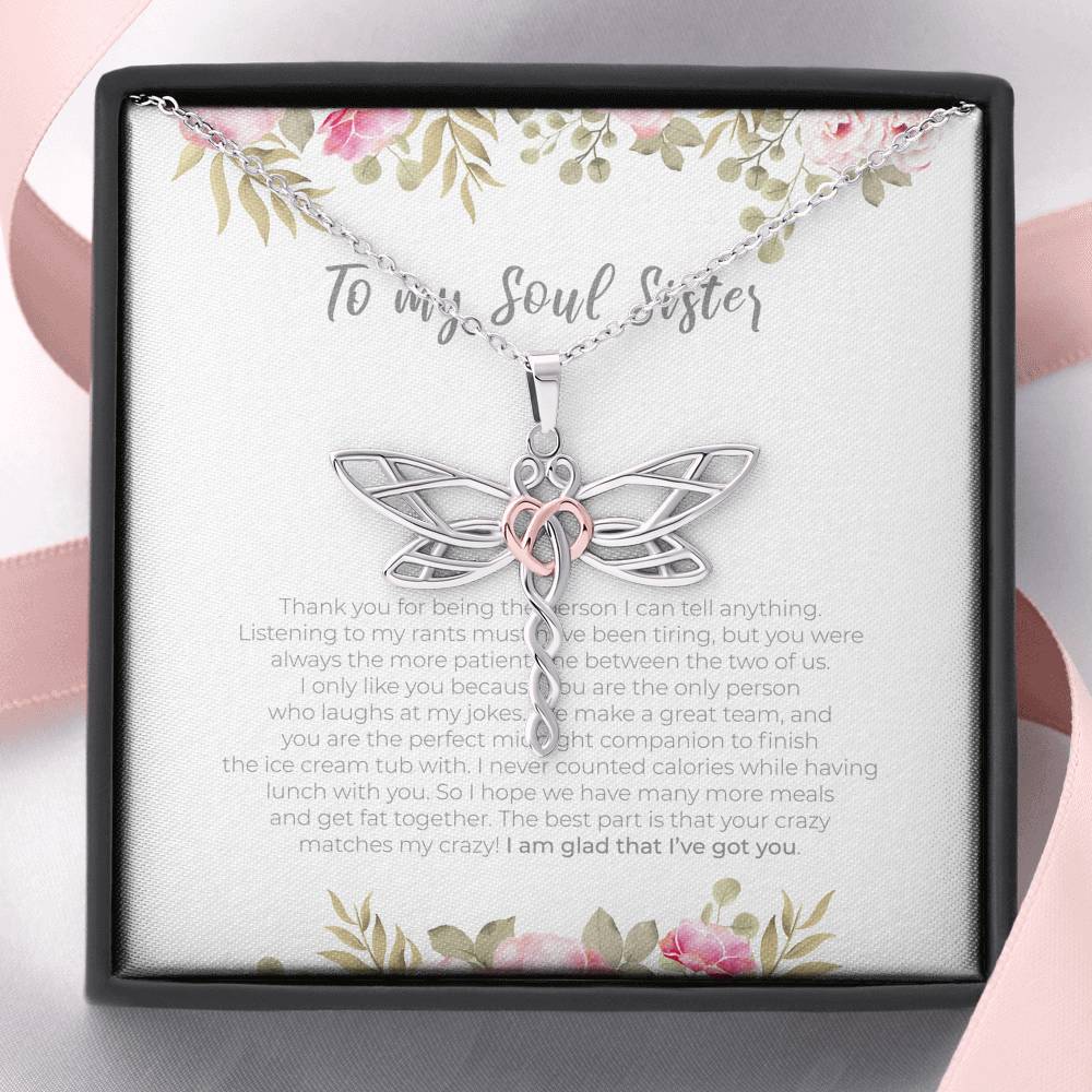 Personalized To my Soul Sister Necklace for Her Valentines Birthday Gift Dragonfly Dream Necklace for Women with Message  Card