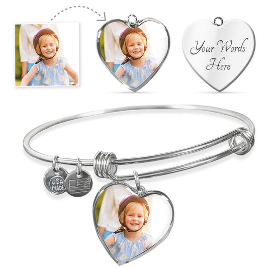 Braclet Picture Personalized Photo Heart Custom Pendant, Bangle Gift, Engraved Text, Dog Cat Pet Her Holds Memorial Jewelry Gifts