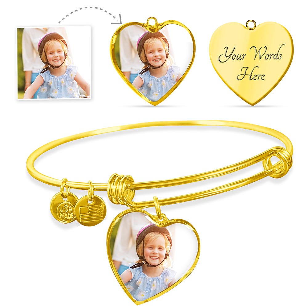 Braclet Picture Personalized Photo Heart Custom Pendant, Bangle Gift, Engraved Text, Dog Cat Pet Her Holds Memorial Jewelry Gifts